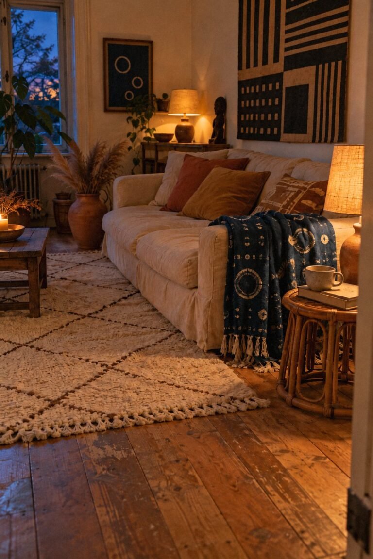 Cozy Afrohemian living room in fall with an indigo adire throw, rust cushions, and warm lamp light.