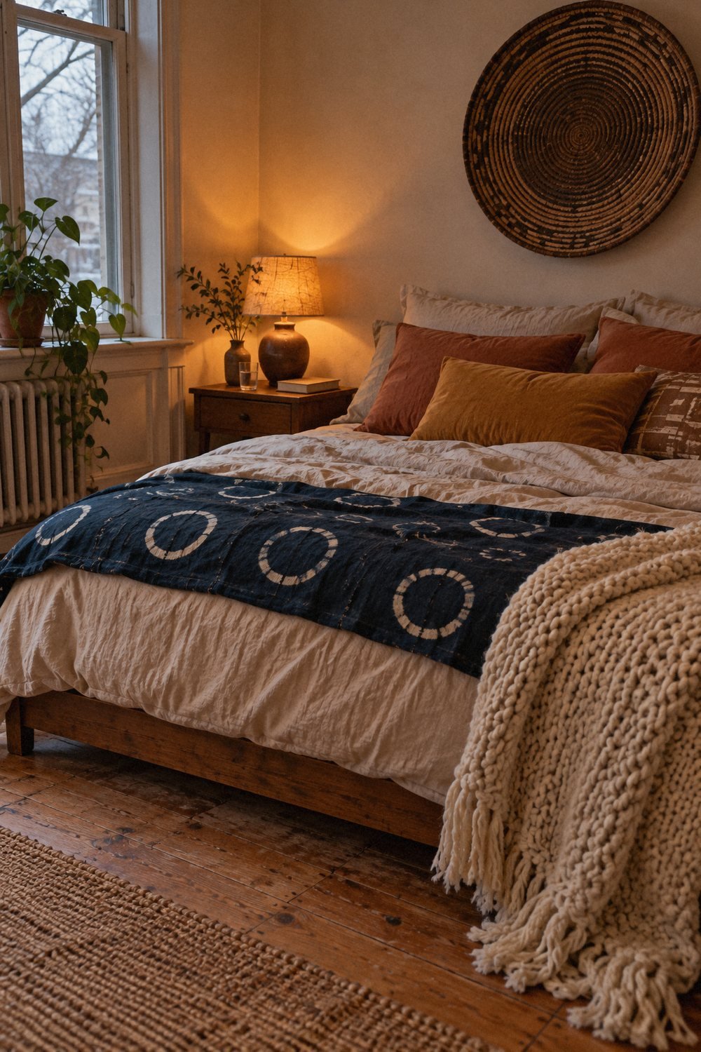 Afrohemian bed layered for winter with an adire coverlet, chunky knit throw, and rust and mustard pillows.