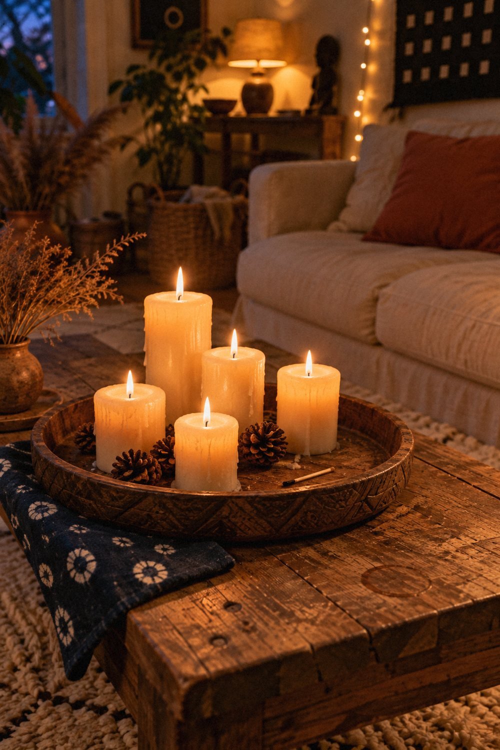Wooden tray of pillar candles and pinecones on a coffee table with adire fabric and warm string lights.